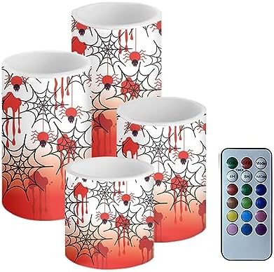GLENLCWE Red Blood Spider Cobweb Flameless Flickering Candles Battery Operated Pillar Wax LED Candles with Timer and Remote Halloween Decor Candles Set of 4 by GLENLCWE