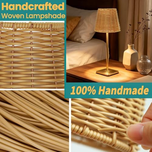 Waterproof Outdoor Rechargeable Cordless Set of 2 Table Lamp with Wicker Shade, Battery Operated Portable Table Light with Adjustable Height Pole, for Patio Restaurant Kitchen (Gold 2 Pack) - Image 2