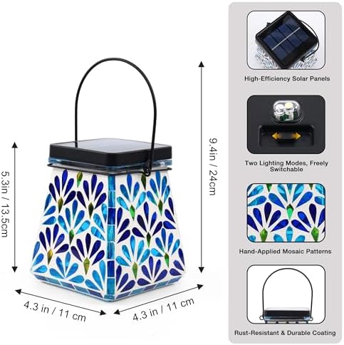 VOREEN Mosaic Solar Lantern, Colorful Mosaic Glass Decorative Lantern for Outdoor Garden & Patio, Tabletop or Hanging Solar Powered Light, Blue Petal Mosaic Design - Image 5