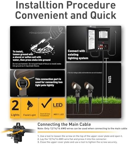 GOLDEN STAR Low Voltage Landscape Lights 3W LED Outdoor Landscape Floodlight 12V Bronze Waterproof 200Lumen Spotlight 3000K Warm White Outdoor Lighting with Stake & Connector for Yard Garden Tree 2PK - Image 7