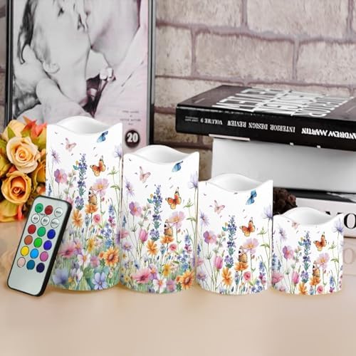 Spring Flower Butterfly Flickering Flameless Candles Battery Operated with Remote Timer Waterproof Reusable Tea Light 4 Pack LED Pillar Votive Candles for Wedding/Engagement Party - Image 4