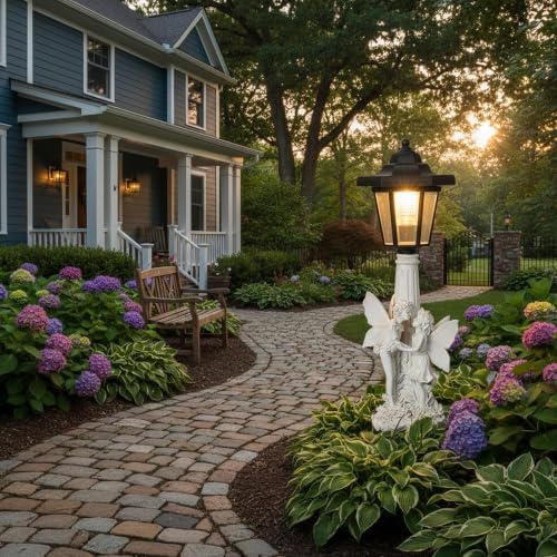 Fairy Couple Solar Lantern Garden Statue, White Resin - Image 4