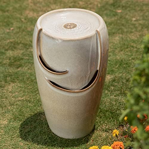 Glitzhome 21.25" H Ceramic Vase Outdoor Water Fountain Tall Patio Garden Water Fountain with LED Light and Submersible Pump Yard Art Decor, Sand Beige - Image 5