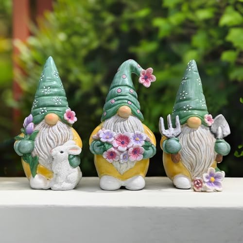 Spring & Summer-Themed Garden Statues – Adorable Outdoor Decor for Lawn, Patio & Porch (Garden Guardians Set of Three 6" Gardening Gnome Figurines, Floral Green and Yellow Statue Decor) by OrnamentallyYou