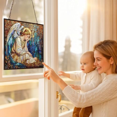Personalized Rectangle Religious Christmas Angel with Manger Star Stained Glass Suncatcher Stained Glass Window Hanging Home Decor Garden Halloween Christmas Wedding Housewarming Gifts - Image 5