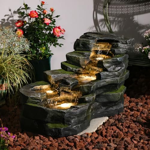 Sunlinua Garden Water Fountain Outdoor Feature, 5-Tier Rock Water Fall Fountains, Natural Waterfall Outdoor Fountains with Pump, LED Lights for Patio, Porch, Home Art Decor, 31 Inch Length by Sunlinua