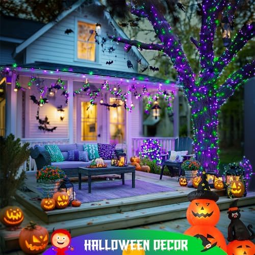 JMEXSUSS 2 Pack Solar Halloween Lights, Tot. 400LED 151FT, Purple and Green - Image 4
