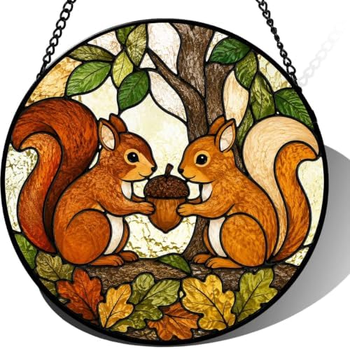Stained Glass Suncatcher Squirrel Decor, Cute Woodland Animal Window Hanging, Fall Leaves Art Glass Ornament, Unique Gift for Mom Grandma, Nature Lover Present 9.8 Inch by Unknown