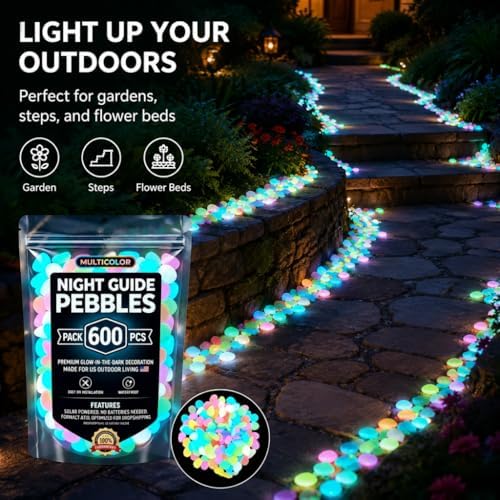 2026 Glow-in-The-Dark Garden Stones | Luminous Pebbles for Walkways, Yard, & Aquarium | Rainbow Outdoor Stepping Rocks | Night-Glow Decor (Multicolor*600) - Image 4