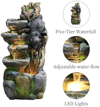 39" Outdoor Garden Water Fountain with Lights, 5 Tiers Water Feature - Image 2