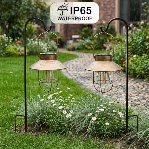Solar Lantern with Shepherd's Hook,Garden Hanging Vintage Bulb Lantern Lamp - Image 5
