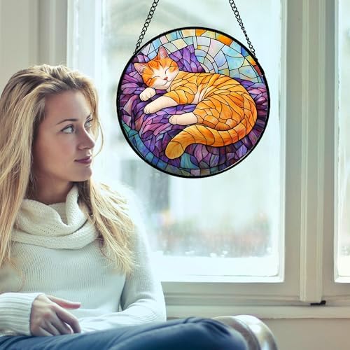 Sleeping Orange Cat Stained Glass Window Hanging Suncatcher Gifts 9.8" - Image 3