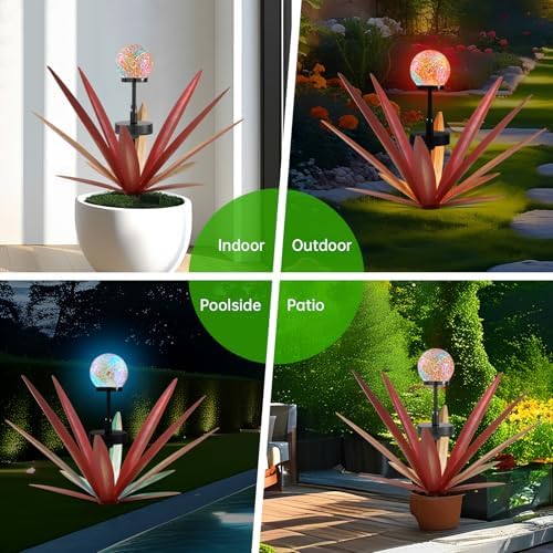 2Pack Tequila Rustic Sculpture Metal Yard Decor with Solar Mosaic Light, 21Inches Height Hand Painted Metal Agave Garden Statue Red - Image 5