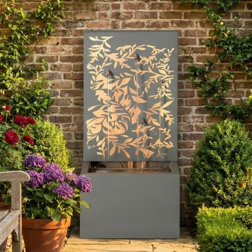 30.7" Outdoor Wall Fountain, Leaf Cutout Waterfall Fountain with LED Lights, Garden Wall Decor for Patio, Light Grey - Image 2