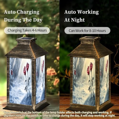 Solar Lantern Snowy Day Stained Glass Roses Sparkling Reflections Outdoor Waterproof Garden Hanging Lantern Solar Powered Lighting Outside Table Lamp for Patio Deck Camping 1 Pack - Image 3