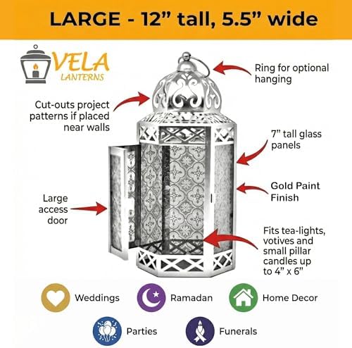 Vela Lanterns 12" Metal Moroccan Decorative Candle Lantern Holders for Hanging or Table, Indoor Home Decor, Outdoor Patio or Porch, Weddings, Gold, Amber Glass, Large - Image 3