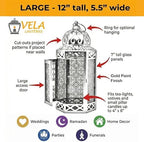Vela Lanterns 12" Metal Moroccan Decorative Candle Lantern Holders for Hanging or Table, Indoor Home Decor, Outdoor Patio or Porch, Weddings, Gold, Blue Glass, Large - Image 4