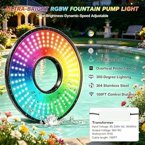 Pond Fountain Aerator Lights, RGBW 20000LM LED Fountain Light with 100FT Power Cord, IP68 Waterproof Stainless Steel Wireless Sync Control Floating Fountains Pump Light for Lake Ponds - Image 2