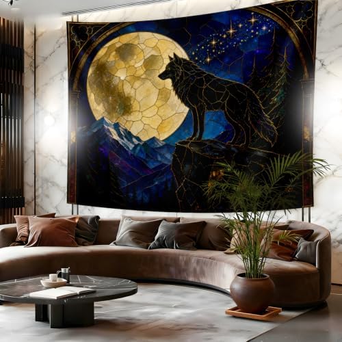 Wolf Tapestry, Full Moon Stained Glass Mountain Forest Decor 70x90inch - Image 6