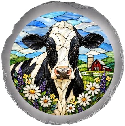 Magnolia Garden 10-Inch Holstein Cow - Faux Stained Glass Farmhouse Meadow Garden Stone, Weather-Resistant Resin Pathway Accent, Rustic Country Red Barn Outdoor Yard Decor & Walkway Plaque by DicksonsGifts