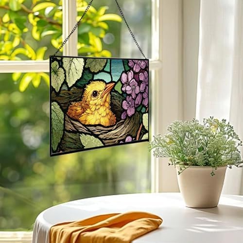 Chick Emerging from Nest in Spring Rectangular Stained Glass Suncatcher – Hanging Window Panel with Animal & Nature Scene – Vibrant Glass Art Gift for Wildlife, Fantasy, Nature Lovers vvIbID - Image 2