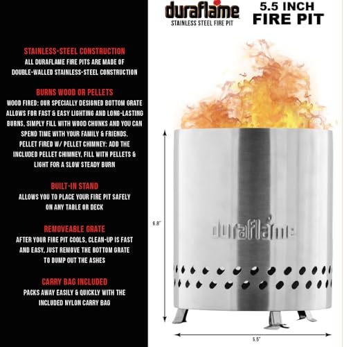 Duraflame 5.5 inch Table Top Fire Pit with Built-in Stand & Removable Grate, Low Smoke, Portable Mini for Outdoor Use, Wood or Pellets, Double Walled Stainless Steel, Travel Bag Included., 5.5 In Pit - Image 4