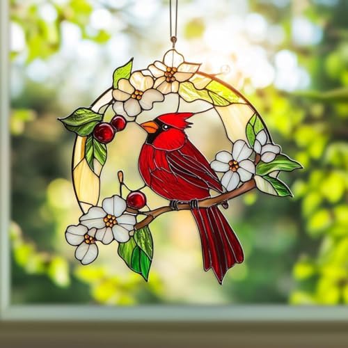 Cardinal Red Bird Acrylic Suncatcher Size 10 inches, Stained Glass Effect Window Hanging Ornament, Garden Decor, Gift for Mother's Day by XISZYS