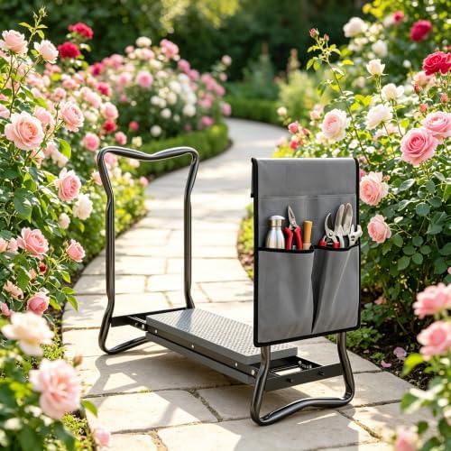 Foldable Garden Kneeler Seat 2-in-1 Heavy Duty with Tool Pouch Gray - Image 5