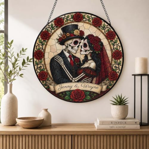 Personalized Skeleton Couple Stained Glass Suncatcher, Gothic Wedding Skull Window Hanging Decor with Name, Romantic Love Sun Catcher Couples Anniversary Wedding Gift for Halloween Gothic Décor 11.81" - Image 5