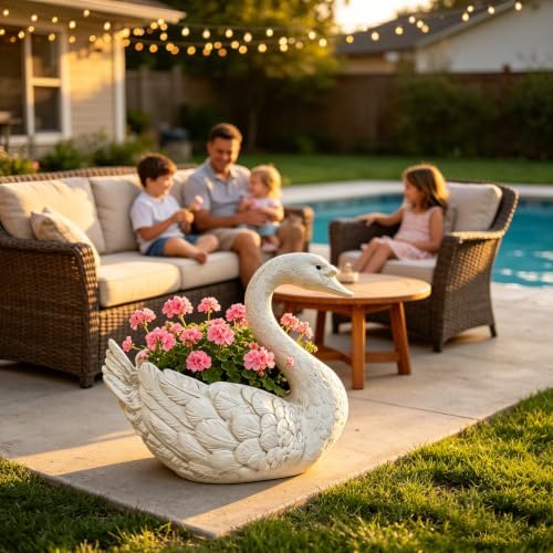 12.6" Swan Planter Statue Resin Weatherproof Outdoor, White - Image 6