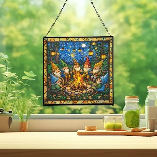 Campfire Story Gnome Stained Glass Suncatcher – Square Hanging Window Panel for Home or Greenhouse – Whimsical Glass Art Gift for Garden Lovers, Christmas, Halloween, Father Days VgBFDy - Image 2