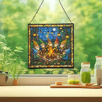 Campfire Story Gnome Stained Glass Suncatcher – Square Hanging Window Panel for Home or Greenhouse – Whimsical Glass Art Gift for Garden Lovers, Christmas, Halloween, Father Days VgBFDy - Image 2
