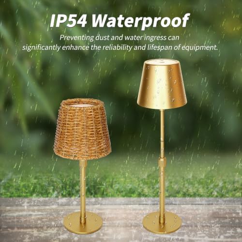 Outdoor Waterproof Rechargeable Cordless LED Table Lamp with Telescopic Pole and Wicker Shade, 5200mAh Touch Dimmable Battery Operated Table Light for Patio Restaurant Kitchen (Gold 2 Pack) - Image 7