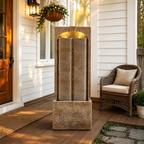 39" Outdoor Water Fountain, Modern LED Resin Water Wall Feature by GREHOME