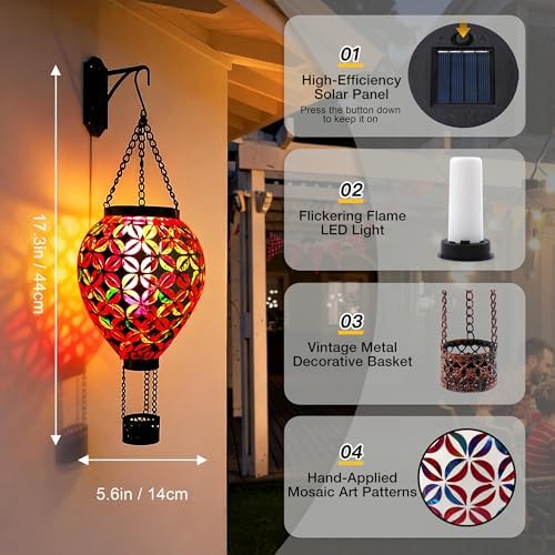 SAVENNA Mosaic Glass Hot Air Balloon Solar Lantern, Flickering Flame Effect Hanging Solar Light, Multicolor Projection for Garden Patio Yard Outdoor Decor - Image 5