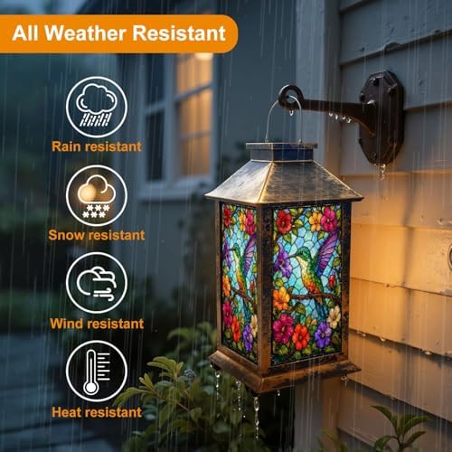 Solar Lantern Colorful Stained Glass Artwork Hummingbirds Garden Hanging Lantern Waterproof Solar Powered Lighting Outdoor Table Lamp for Patio Yard Memorial Gifts Grave Decorations for Cemetery - Image 4