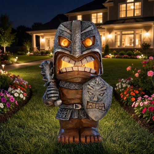 10" Solar Tiki Statue, Tribal Warrior with LED Eyes, Outdoor Tiki Decor by Unknown