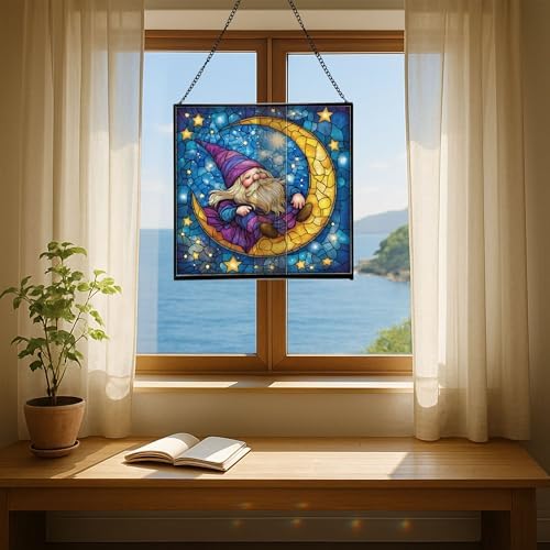 Crescent Moon Gnome Stained Glass Suncatcher – Square Hanging Window Panel for Home or Greenhouse – Whimsical Glass Art Gift for Garden Lovers, Christmas, Halloween, Father Days P5Mysc - Image 6