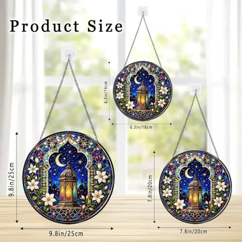 Stained Glass Window Hanging Lantern Moon and Star Floral Pattern Sun Catchers Colorful Islamic Moroccan Style Suncatchers for Home Porch Garden Indoor & Outdoor Decor (9.8x9.8 in) - Image 3