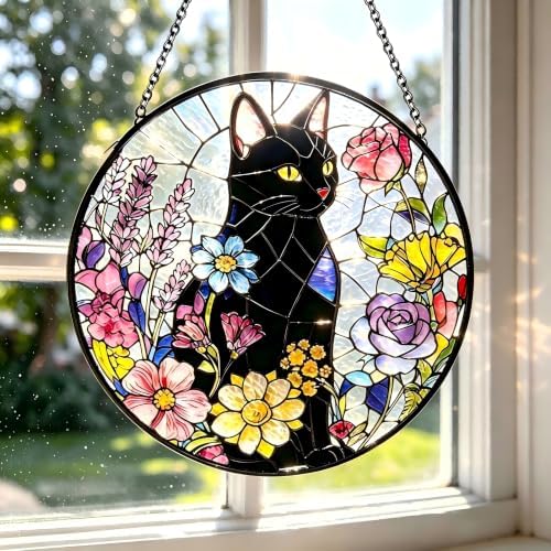 Larger 12-in Black Cat Suncatcher Stained Glass Window Hanging Sun Catcher by Unknown