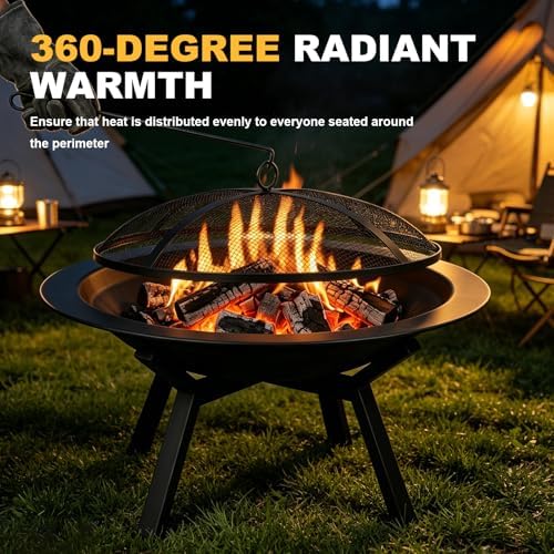 Outdoor Wood Burning Fire Pit, Heavy Duty Round Steel Fire Bowl for Backyard, Patio, Camping, Bonfire, Black Finish, with Mesh Spark Screen and Hook - Image 5