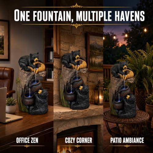 Outdoor Water Fountain with LED Lights, 23.6" Bear Tree Stump Cascading Water Feature, Resin Woodland Garden Fountain for Patio, Backyard, Porch, Yard, Housewarming Gift - Image 5