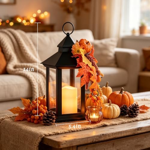 Fall Lanterns Decorative Indoor, 14" Autumn Decor Black Outdoor Lantern - Image 4