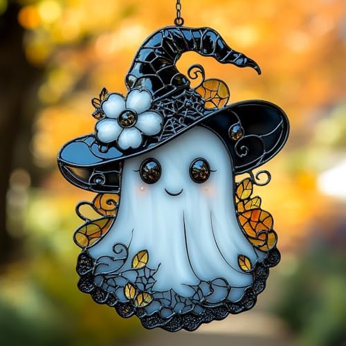 Cute Ghost with Witch Hat Acrylic Suncatcher by AVAGAN