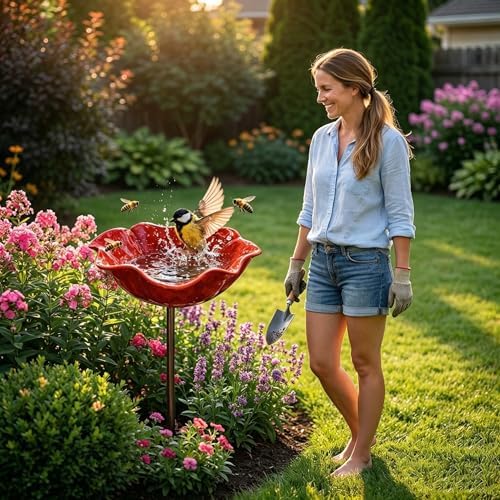 Handmade Metal Flower Garden Stake Bird Bath, Bee Watering Station with Colorful Butterfly & Flower Design – Decorative Bee Feeder Bowl for Outdoor Yard, Garden Decor (2pc) - Image 5