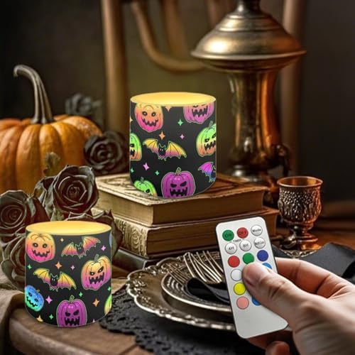 Colorful Pumpkin Bat Flameless Candles with Remote Battery Operated Candles with Timer Halloween Flickering LED Elictric Pillar Tealights for Indoor Outdoor Home Decorations - Image 3
