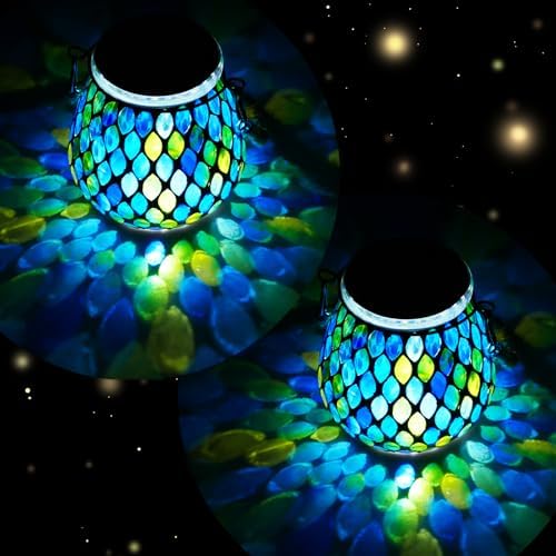 2 Pack Mosaic Blue Solar Lanterns, Outdoor Glass Hanging Lights, Waterproof, Solar Table Lamps, Christmas Gifts for Women Mom Grandma, Night Lights, Decoration for Garden, Patio, Yard, Outdoor Decor by Unknown