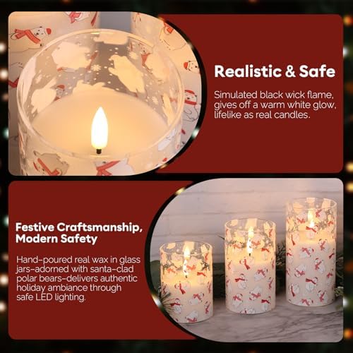 Eywamage Bear Christmas Glass Flameless Pillar Candles with Remote Set of 3 - Image 2