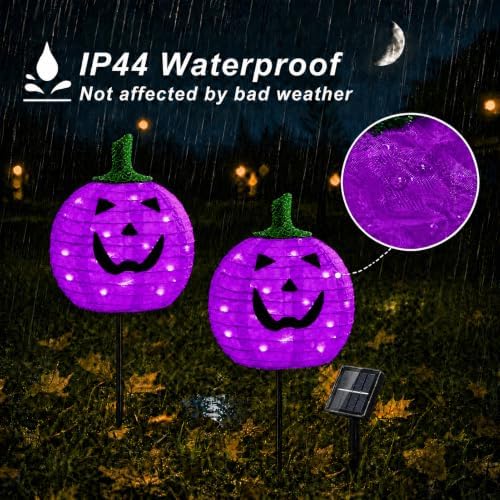 Solar Halloween Pumpkin Lights, 2 Pack Purple Pathway Stake Lights - Image 3