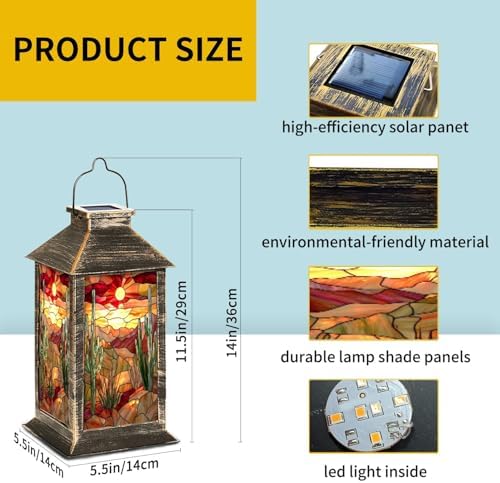 Solar Lantern Illuminated Stained Glass Decor Outdoor Waterproof Garden Hanging Lantern Solar Powered Lighting Outside Table Lamp for Patio Deck Camping 1 Pack - Image 6